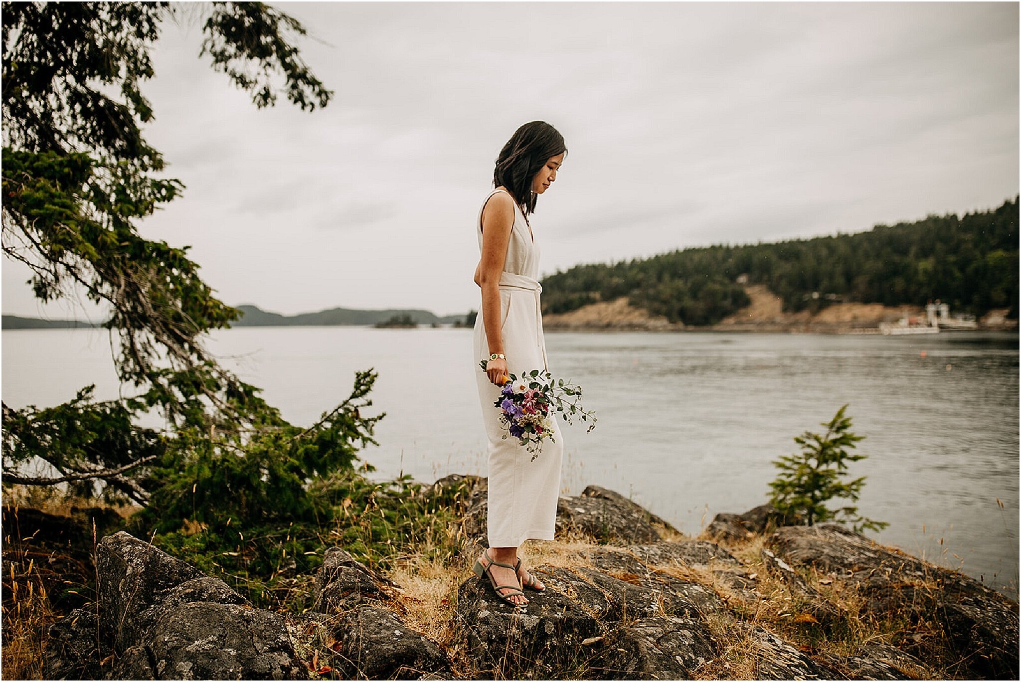 portrait of bride wearing white jumpsuit pender island bc (Copy)