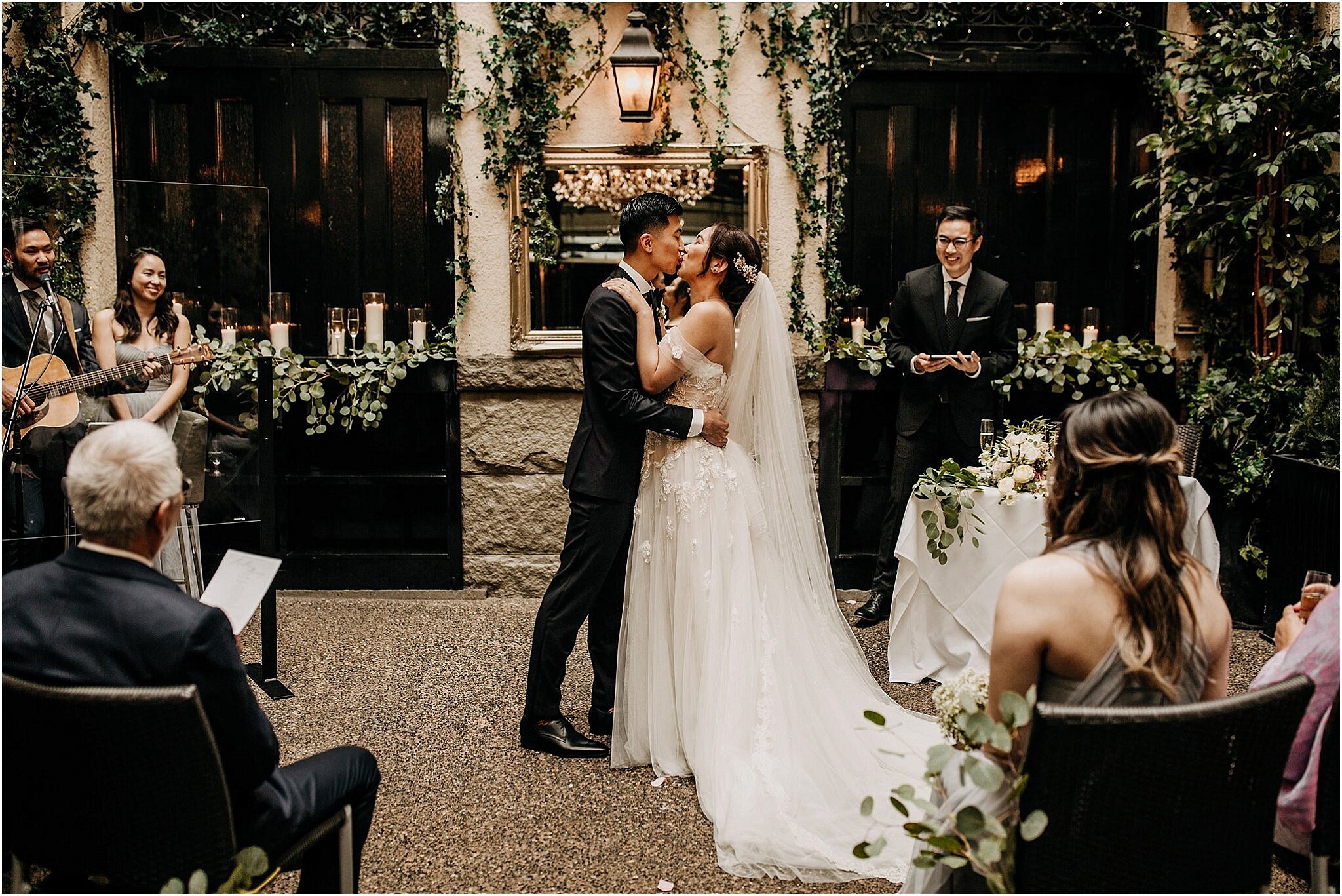 bride and groom first kiss vancouver bc