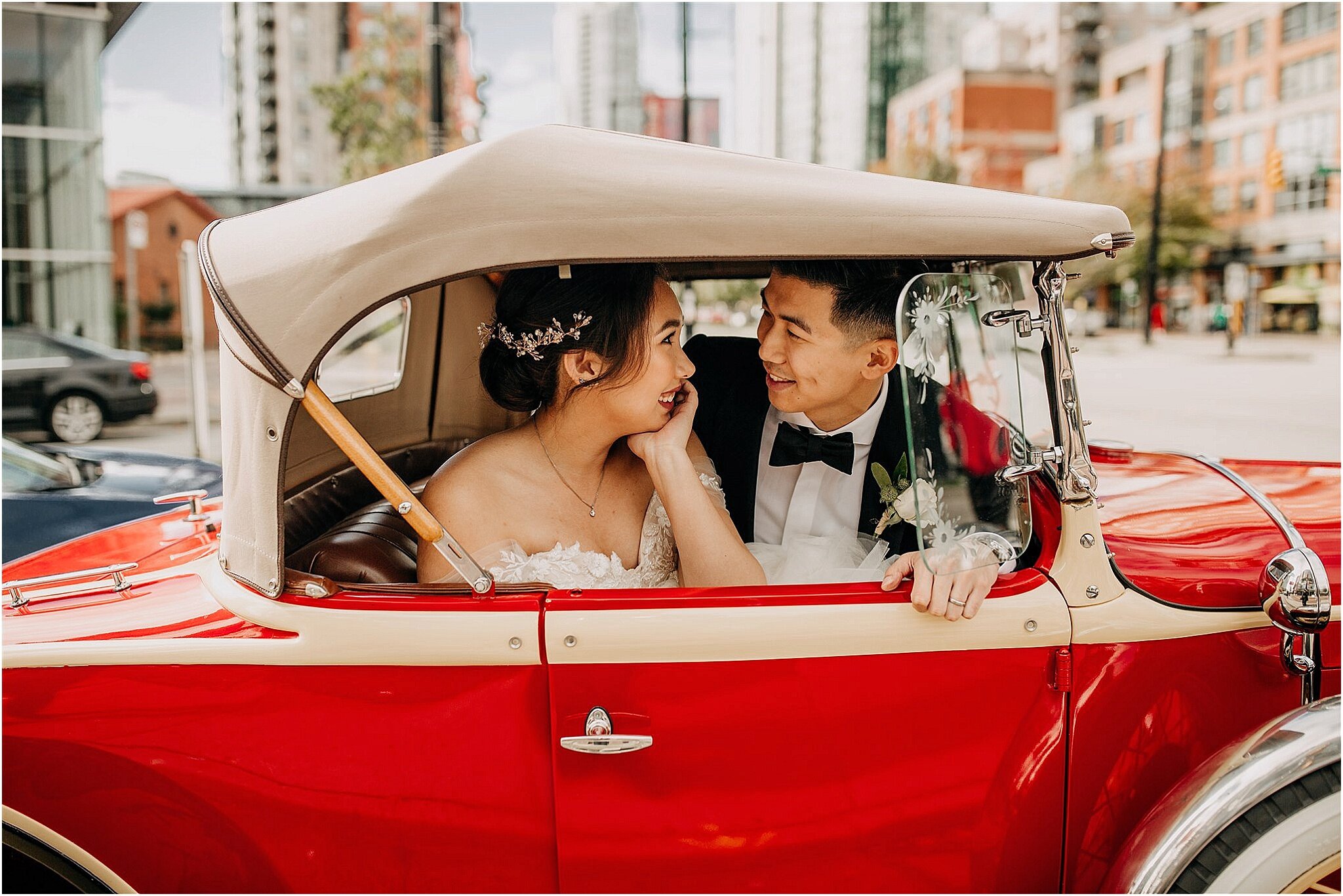 bride and groom in vintage car vancouver bc