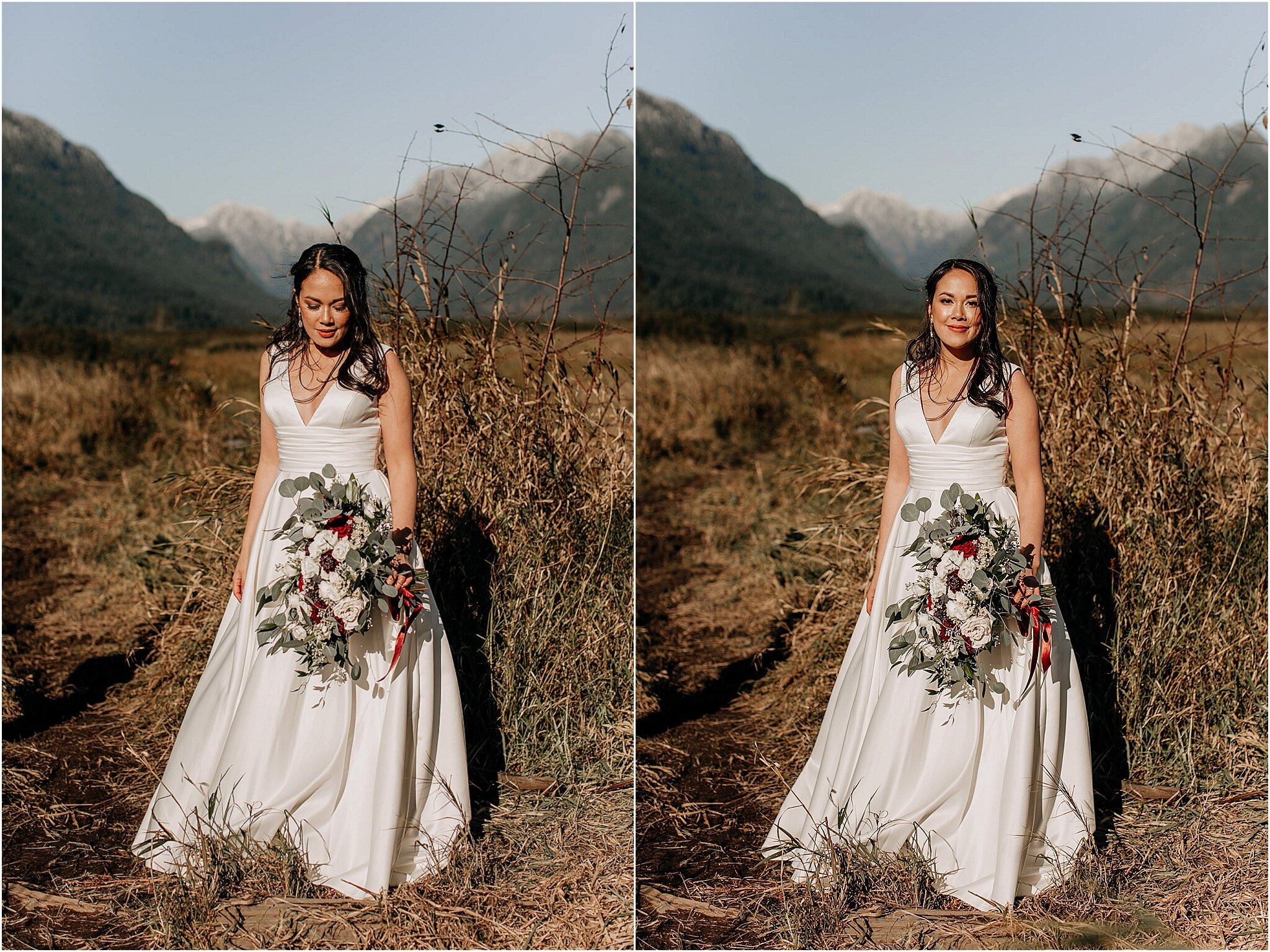 bride portrait with bouquet and mountains pitt meadows bc