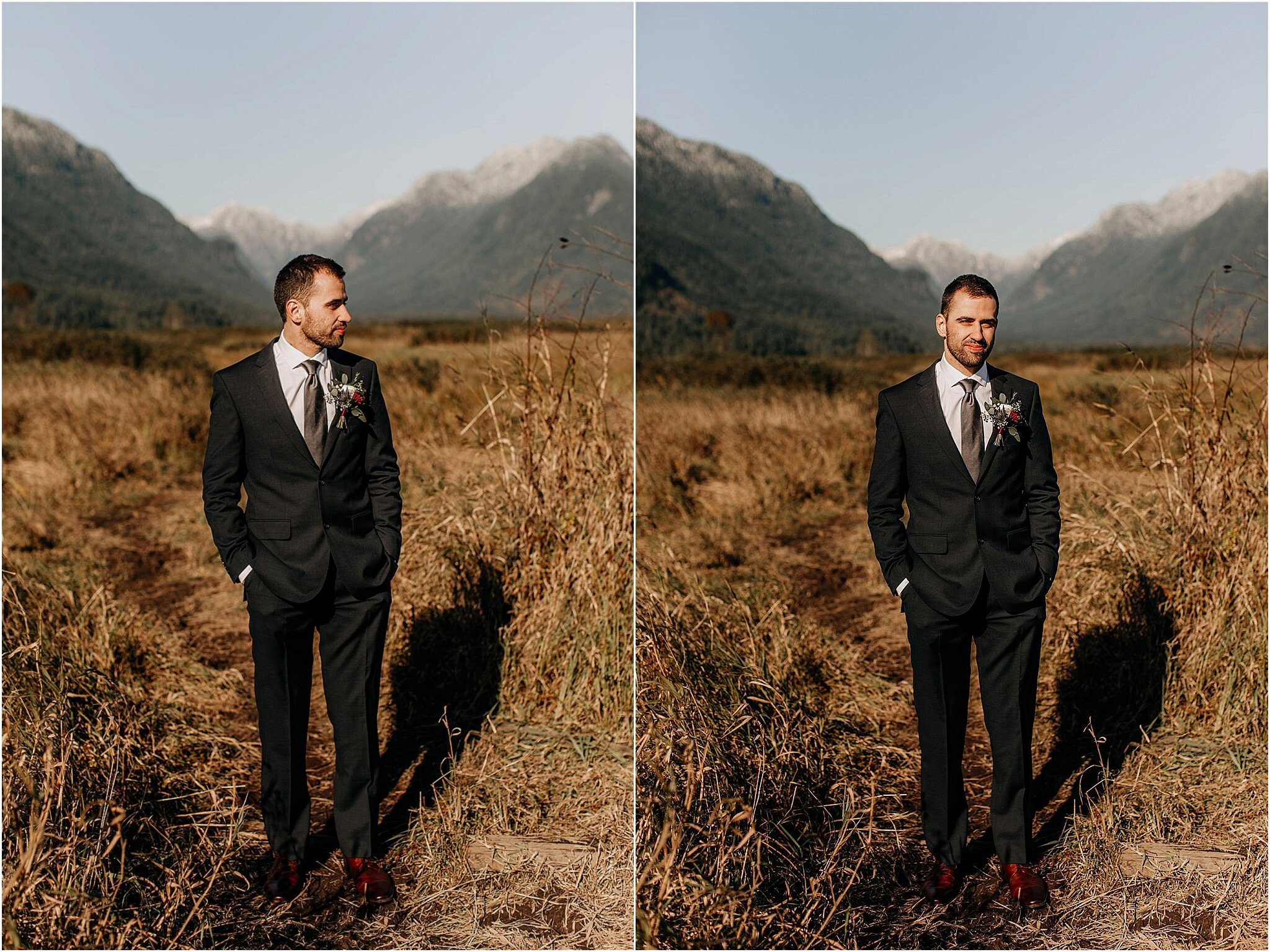 groom portrait with mountains pitt meadows bc