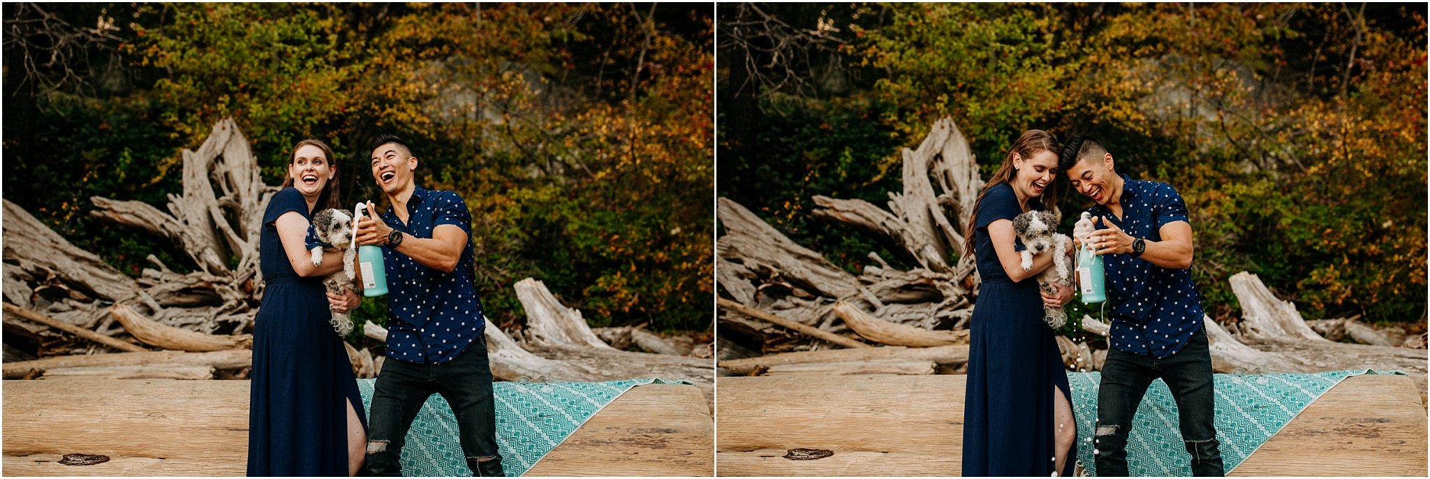 couple popping champagne together engagement session lighthouse park west vancouver bc