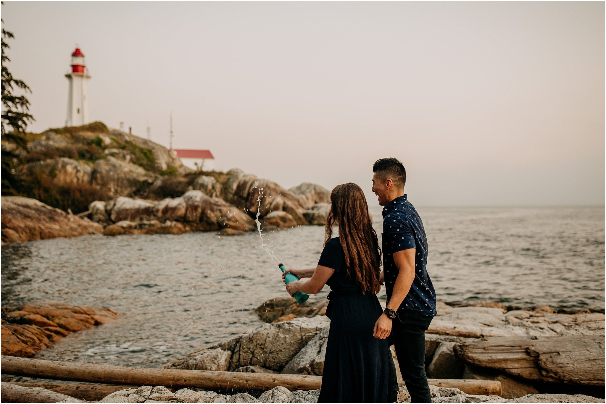 seaside engagement session champagne pop at lighthouse park west vancouver bc