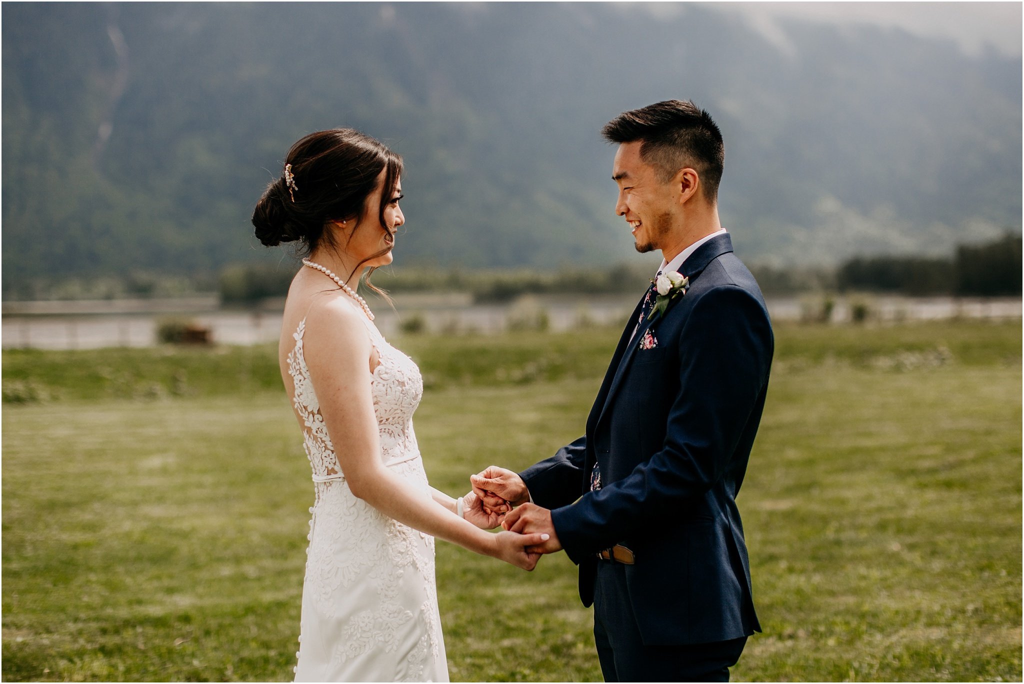 bride and groom first look in Agassiz BC