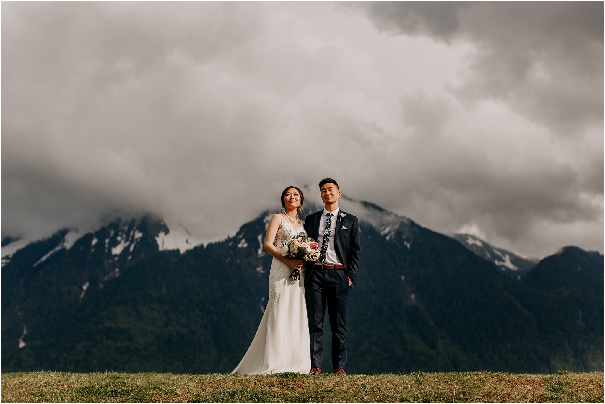 bride and groom mountain range photo in Agassiz BC