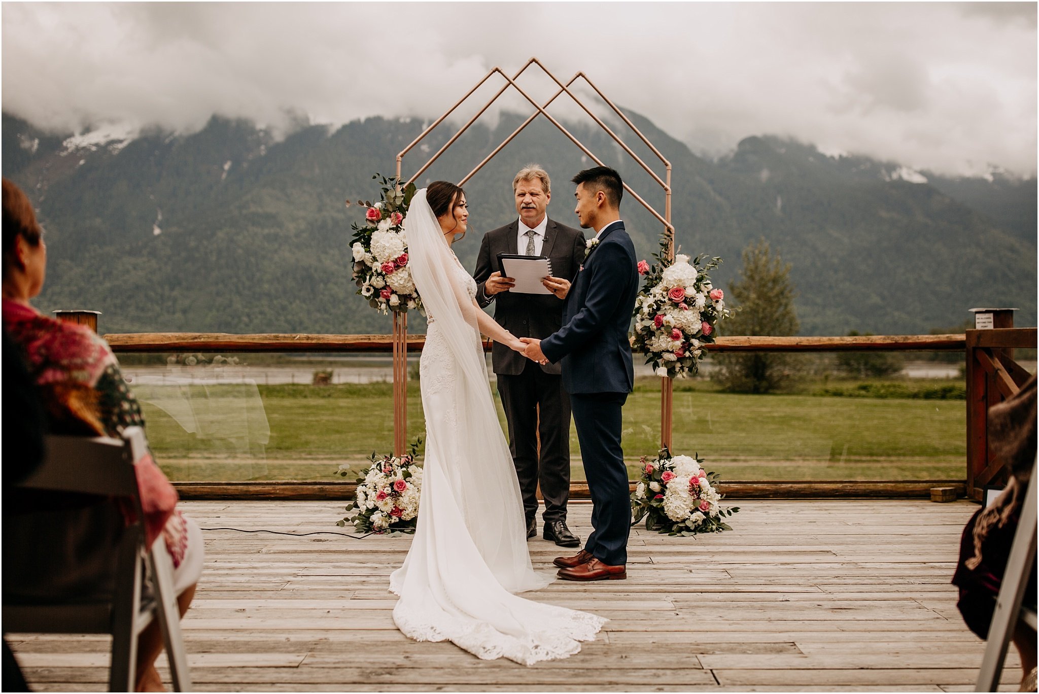 bride and groom pacific northwest wedding ceremony at Fraser River Lodge Agassiz BC