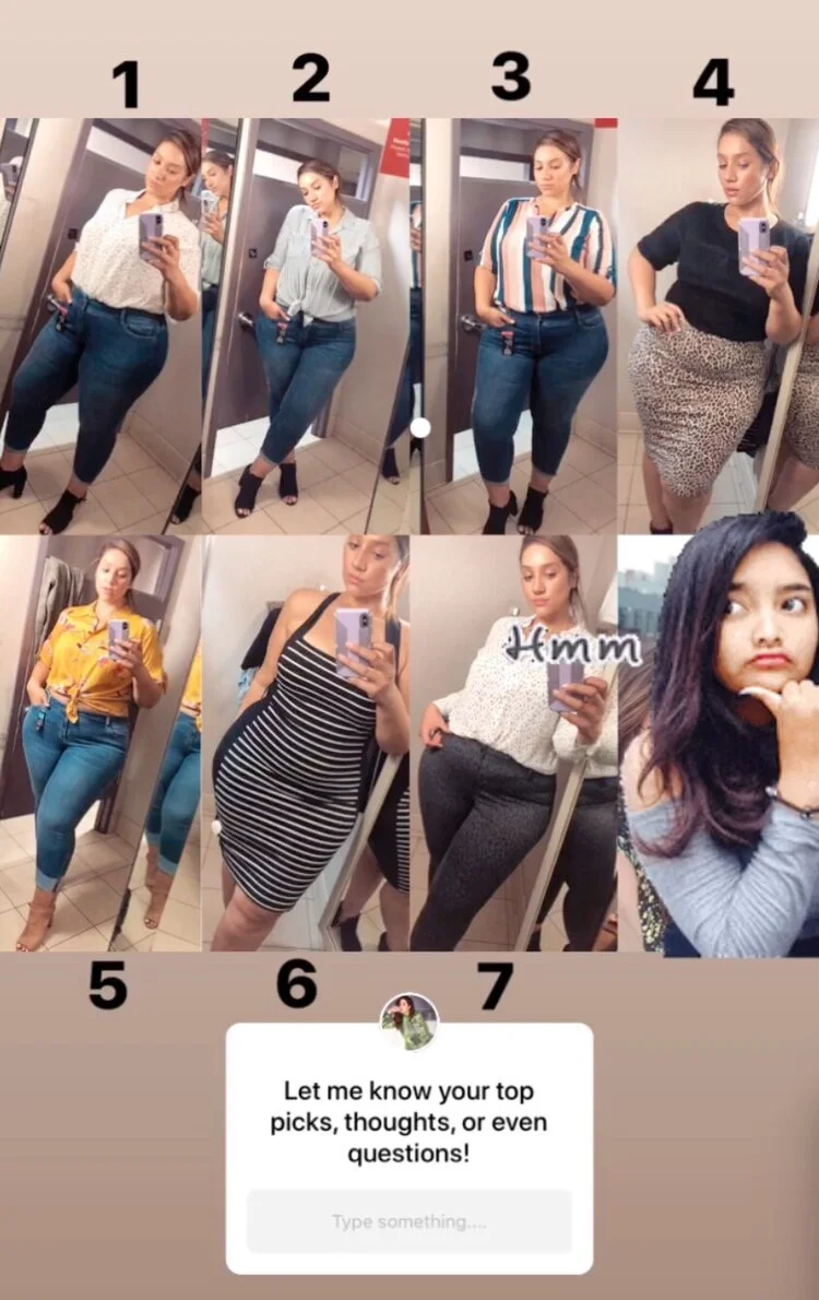 Here are the 7 looks I tried on, with a goal of finding at least 2 looks!
