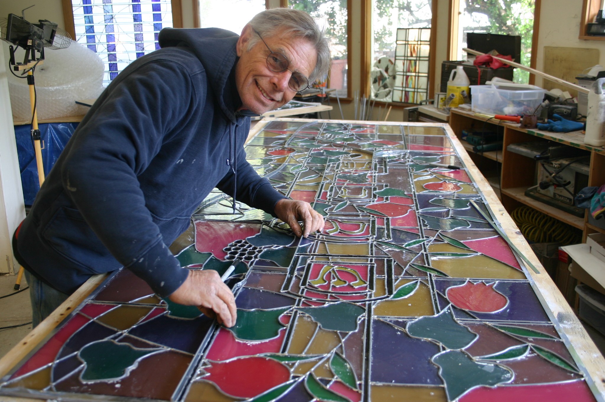  David fits a re-bar to a panel in the assembly room at the Sherwood Ranch Studio. 