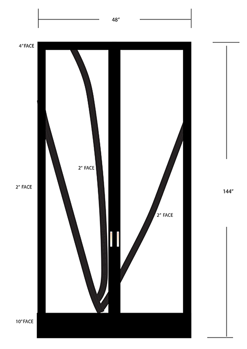 Here is an image of the pair of steel doors, showing the mullion configuration and general dimensions.