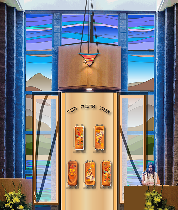 Artists' conception of the Ark interior with the Ark doors open against the stained glass surround. The "fire sky" Ner Tamid hangs above in the "water sky" composition of the surrounding stained glass sidelights and transom windows.