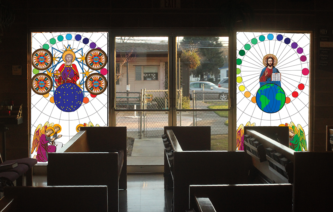 View of the future, with the beginning of a design for the second of four windows for the chapel. We envision each of the four windows having four angels kneeling at the bottom of the composition.