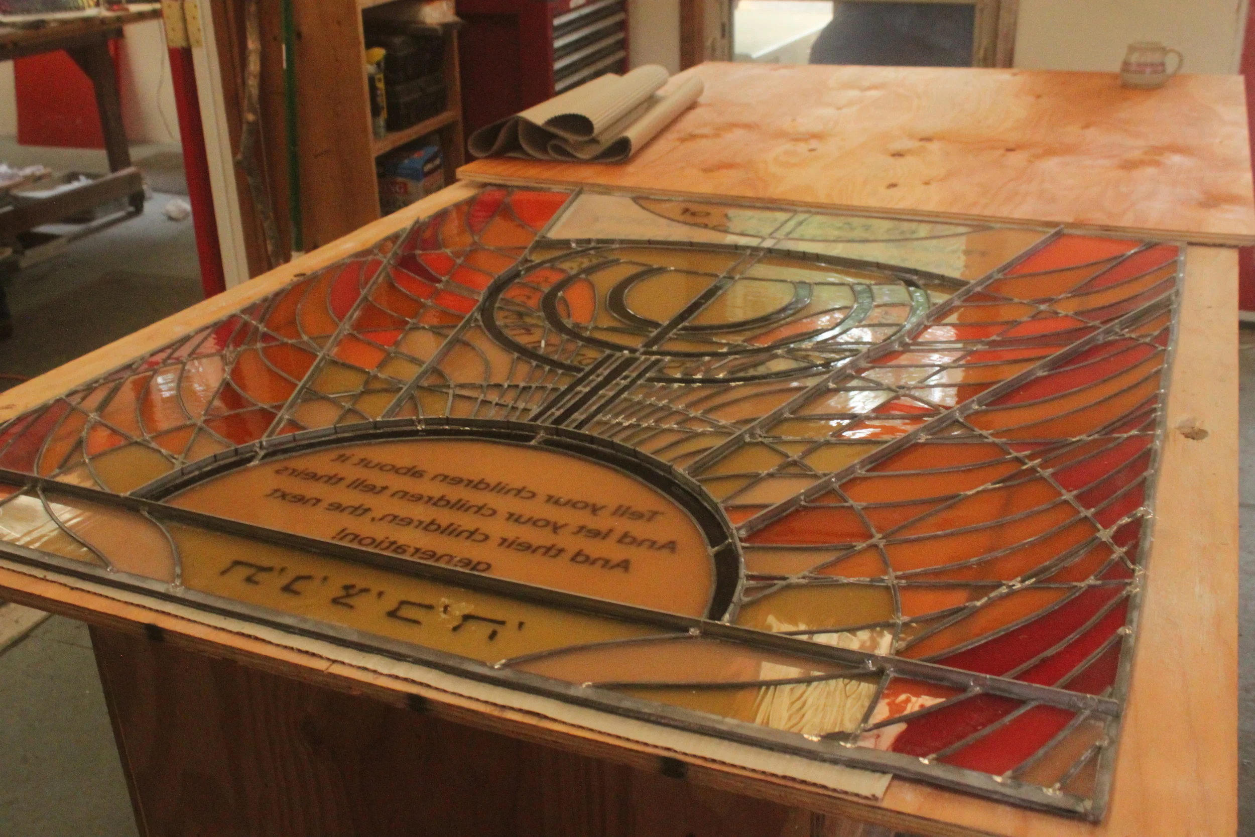  The completed Holocaust Memorial Window awaits final cleaning. 