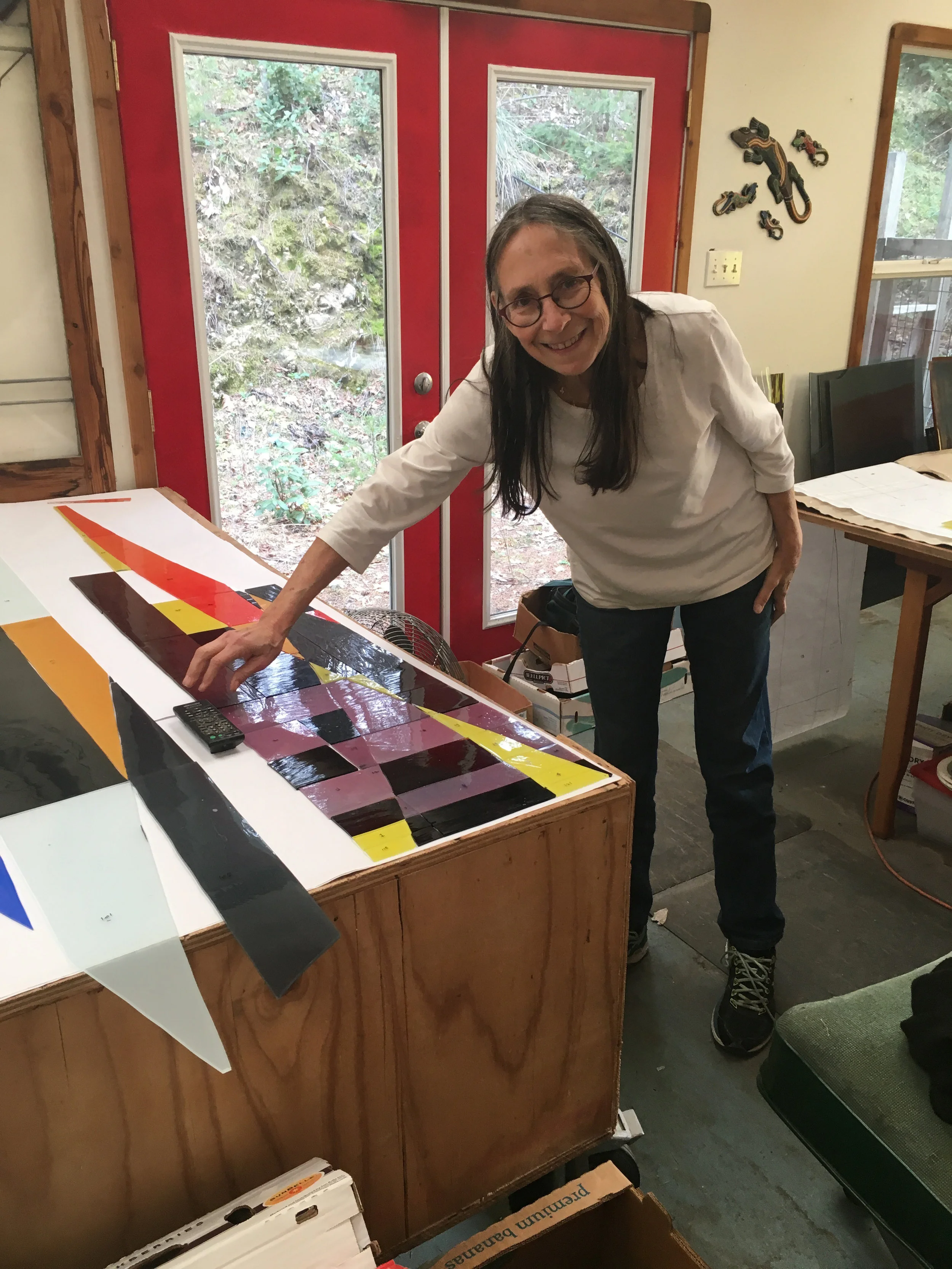 Michelle in the studio cutting pieces for the first panels