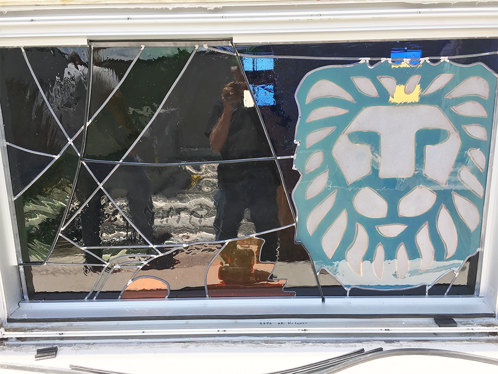 Shot of the Judah Window from the exterior taken during the installation at Anshe Torah