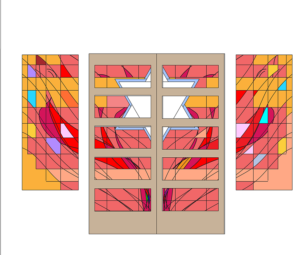 Clear star in center of two doors invites the viewer’s eye inside. Identifies building as Jewish House of Worship.