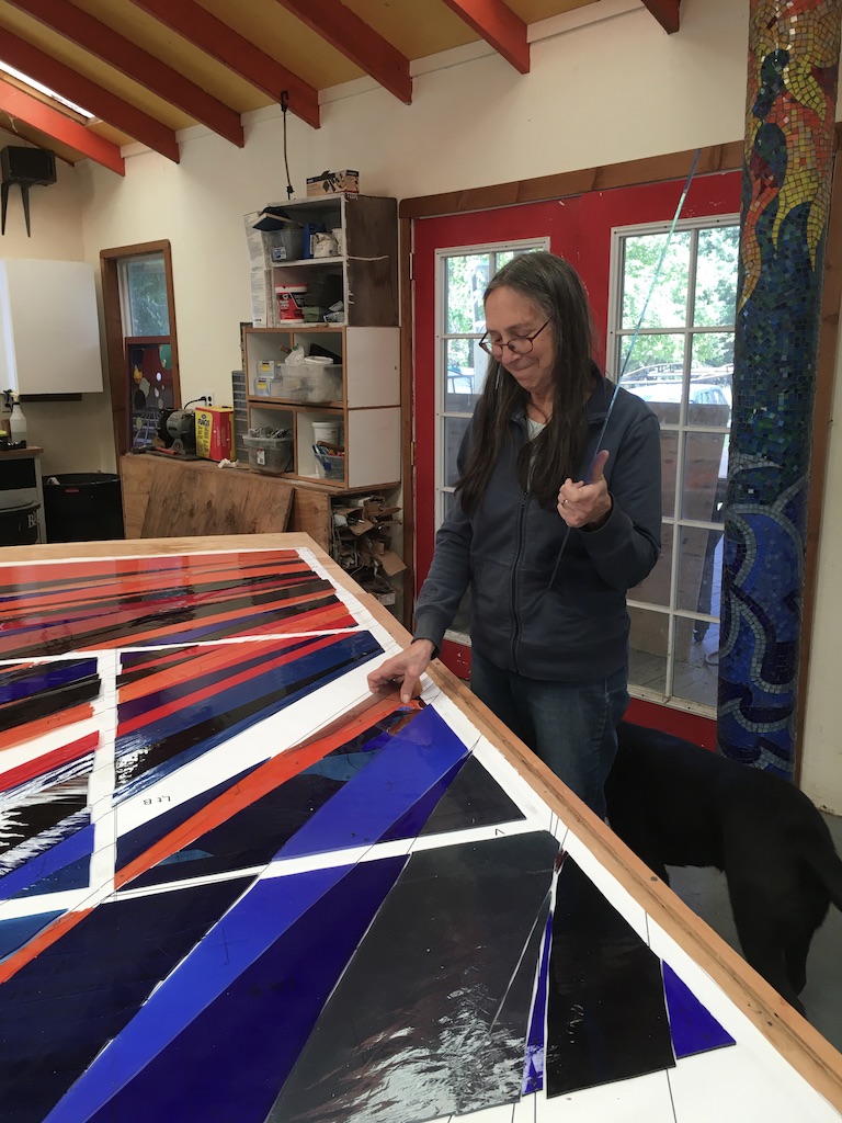 Michelle examines the lay pout out for the right door panel.