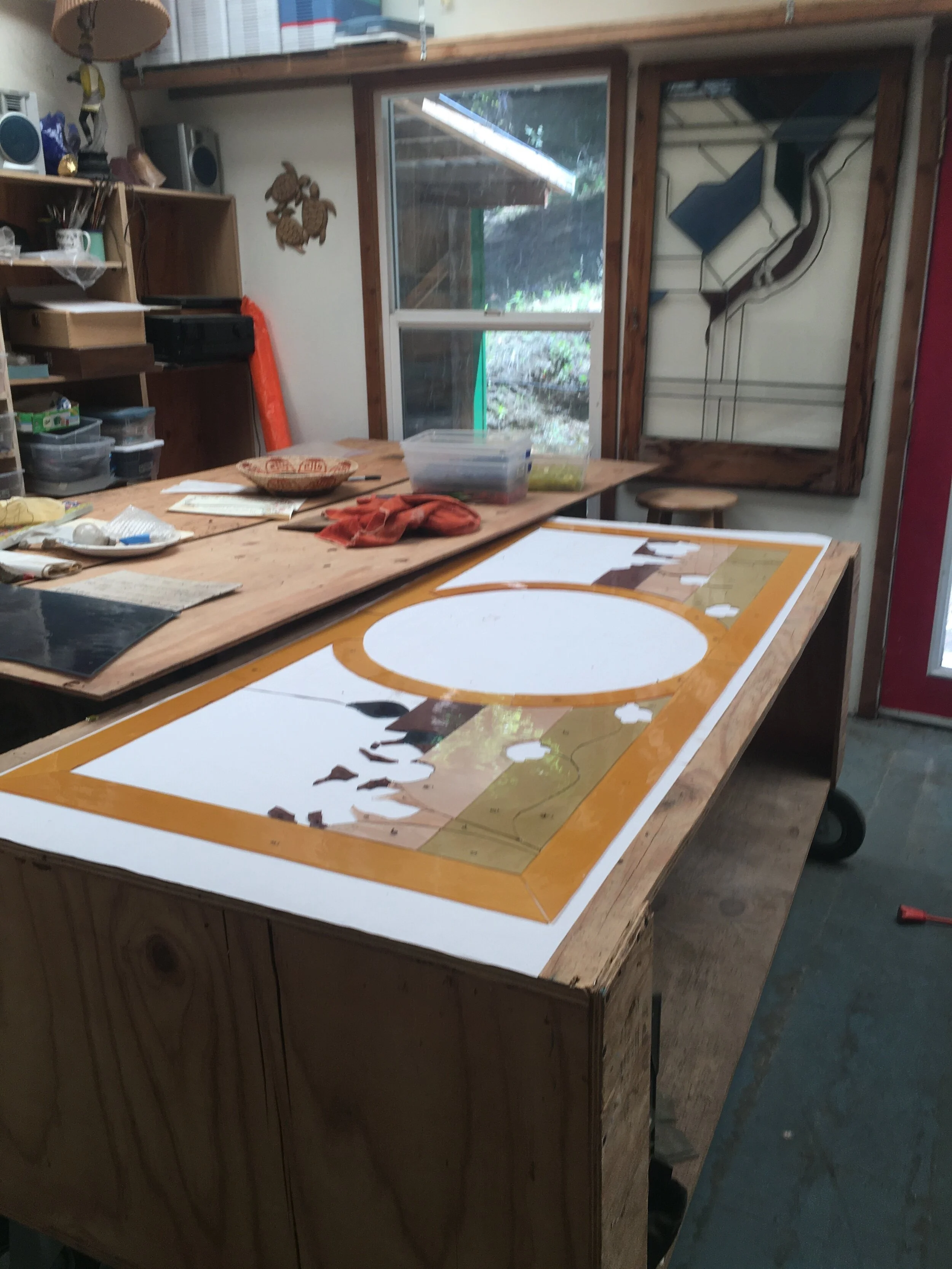  The pieces of the window, under construction, are laid out on a second copy of the full size pattern.  April 28, 2021 