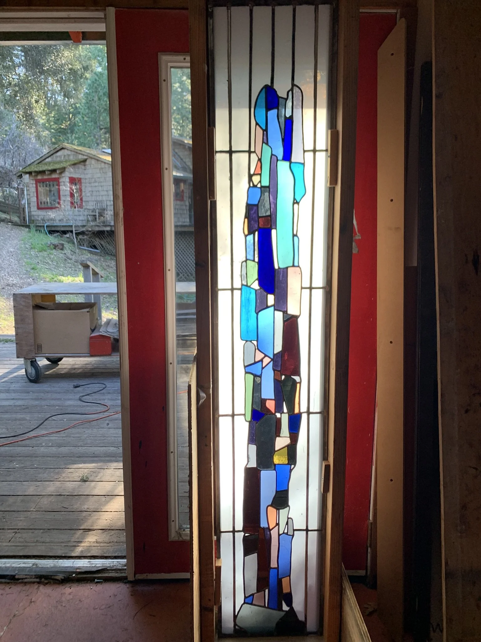  The first panel stands in its crate ready for final cleaning 