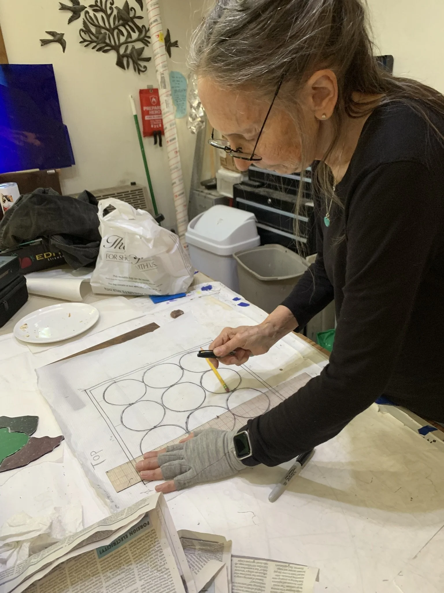  Michelle works on the pattern for the front door panel 