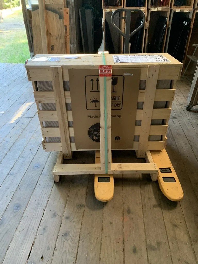  Crate of glass from Bendheim contains  the German mouth blown glass for the Transom Window Project 
