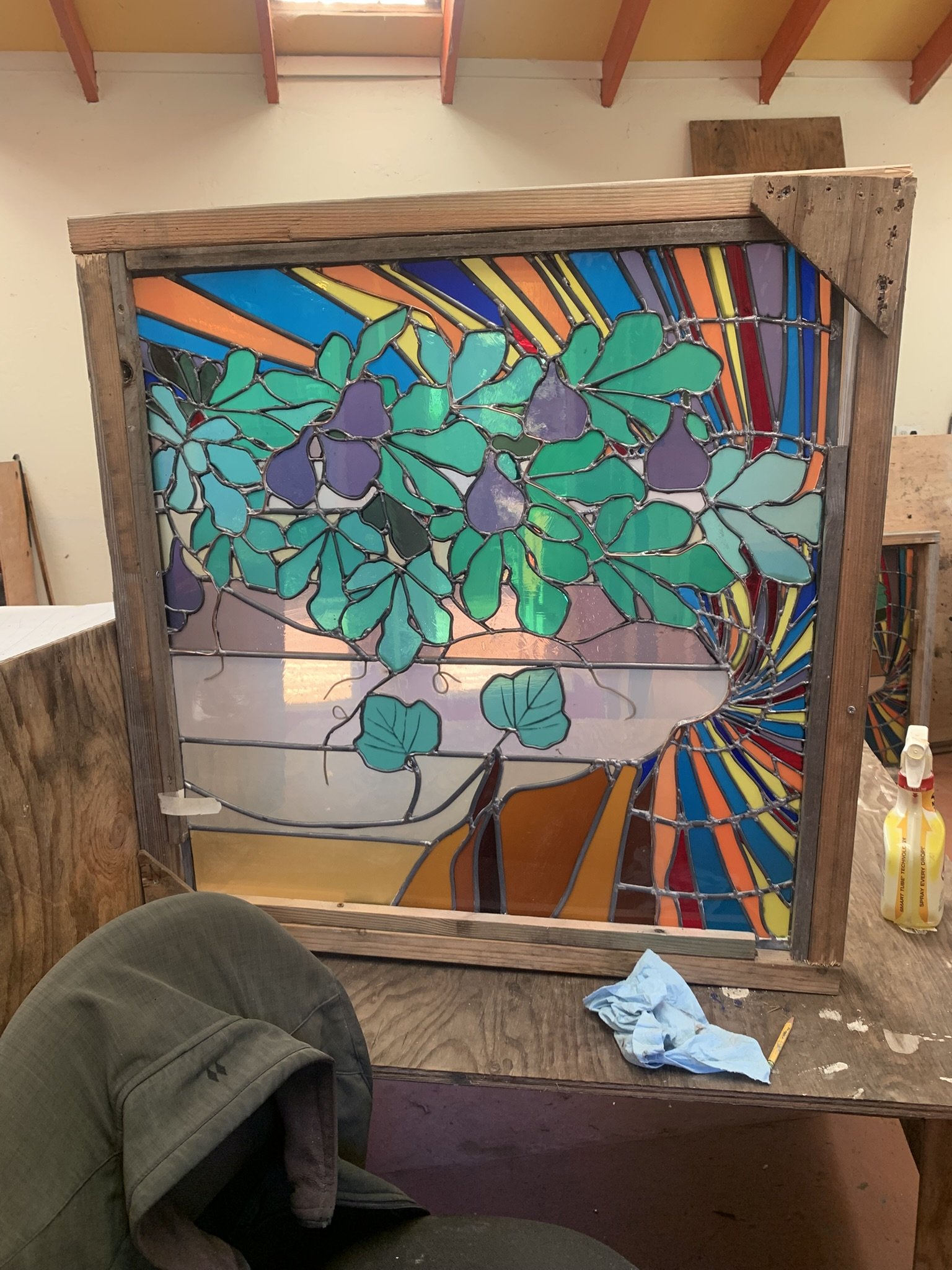    the fig leaf panel is in its crate and on the table for final cleaning 