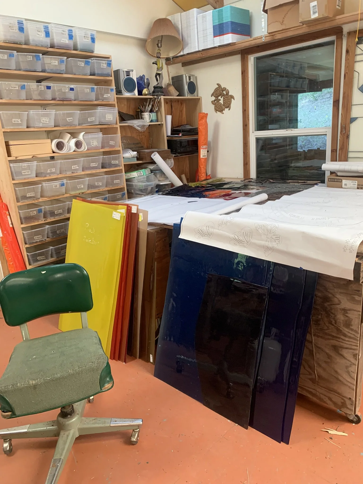  sheets of glass stacked in the studio 