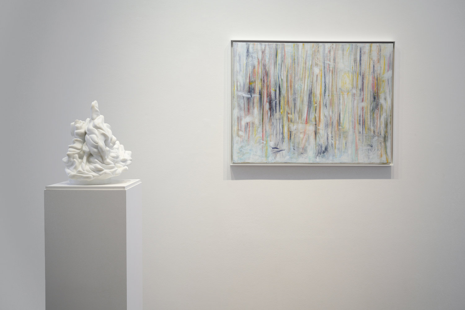 From left: i want to be a sufi dancer, (private collection) 2017, statuario marble, 35x30x30cm (unique), passing through a parlour of winter trees (private collection) 2017, oil, oil stick on linen, tulip wood moulding, white finish, 62x82x4cm. In this sense, this obscuration helps viewers subtly connect with our collective cultural journey: neither the way through, nor the end point, is clear. Instead, we are invited to sit within the chaos, noticing what emerges and choosing whether to mourn, to hope, or to stand up.