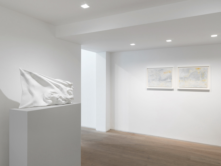 From left: only in the ruins will you be free (detail) (private collection) 2014, statuario marble, 91x61x12cm (ed. 1 + 1AP), there were fireworks in the sky (riffing on polke, turner too) (private collection) 2014, oil on antique oil paintings, lime wood mouldings, waterwhite miroguard AR glazing, 70x55x3cm each inc. frames. While the sanded works required the viewer to imagine a completed image, Stone became more intentional in his own form-making, or perhaps form-obscuring, as he began to whitewash sanded surfaces. These were featured at Stone’s exhibition gleam in 2014. Stone, also an established sculptor, works between the two media. “There is a conversation which happens between painting and sculpture. I often work on both at the same time”. This flitting means that the conceptual movement in his practice is often rapid, and that only a few paintings are created before his conceptual syntax advances.