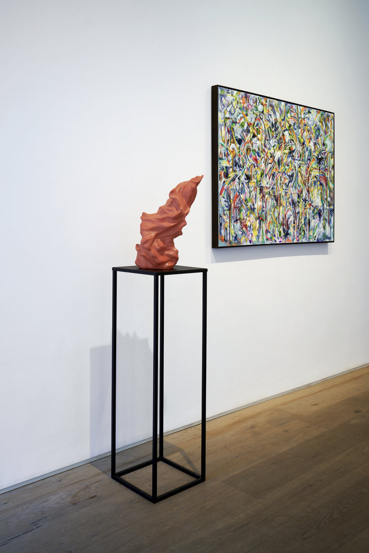 From left: fenix 2017, terracotta jesmonite composite, 40x25x20cm (ed. 1/3 +1AP). moonlight in the fire garden (private collection) 2017, oil, oil stick on canvas, tulip wood moulding, dark oak finish, 90x120x4cm. In his 2017 exhibition everywhen , once whispered themes were shouted throughout the exhibition space. Birds fell from the sky, a world hope was rendered nearly lost. Yet, bursts of colour and movement also portrayed this new but unknowable hope. Stone’s previous figurative sculptural works largely disrupted historical notions of the heroic, however this freedom meant a deeper level of abstraction could emerge.