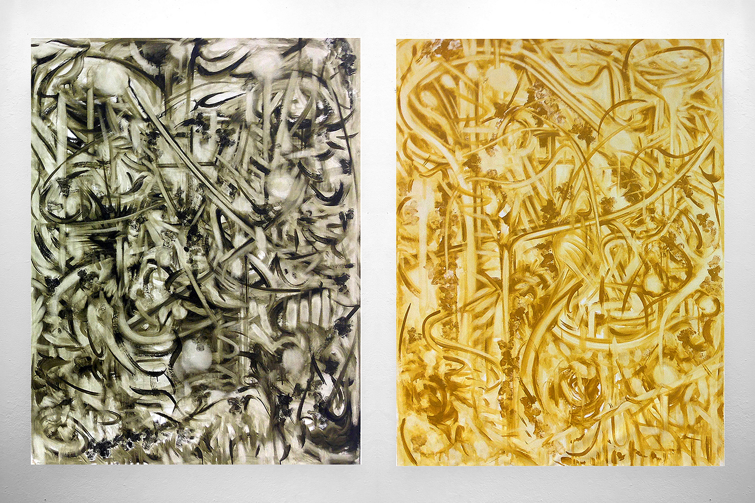 studio work (linz), oil on cotton fabric. This marks a notable turning point in Stone’s expression: he introduced new, rather than obfuscating old. This transition emerged during two residences at L’atelier Salzamt in Linz, Austria, where Stone connected with painters from Europe and the US. He says, “The freedom I encountered in their work gave me a new confidence to experiment in my own, refining existing elements into a bolder style”. In turn, through 2016- 2017 a new, bold series of abstract works would emerge.