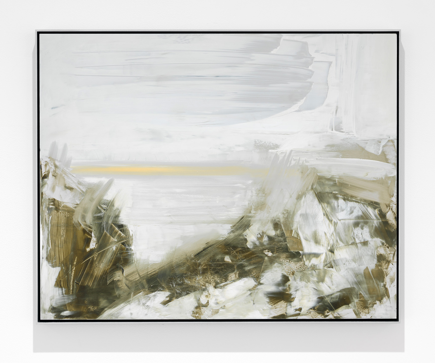 i want to be heroic, i’m just too romantic (private collection), 2014, oil on aluminium, float mounted, aluminium frame, 51x41x4cm inc. frame. Stone recounts, ”What emerged were misty, indeterminate scenes. This touched both on my interests in the Turner-esque tradition, particularly the later unfinished works, and at the same time De Kooning's constantly re-worked surfaces that seem to exist in a continual state of becoming”. In this way, Stone created abstracted landscapes which evoke a haunting, nuanced sensation of a world that exists beyond concrete reality.