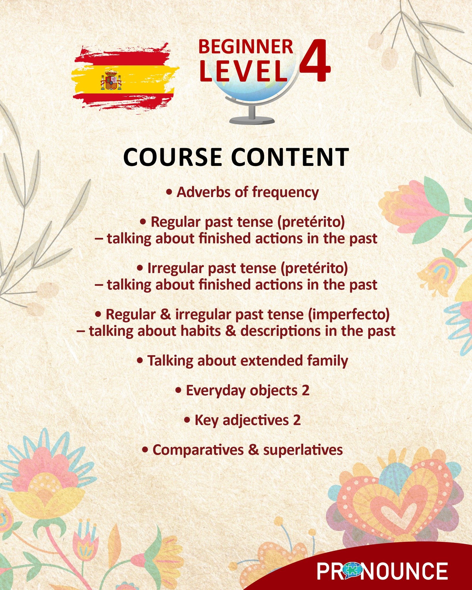 🇪🇸 Level 4 Spanish &ndash; Move Towards Fluency 🇪🇸

At this level, it&rsquo;s time to go beyond basic communication and start expressing yourself with more depth and accuracy. 💬✨

In this course, you will:

Use a wider range of tenses more confi