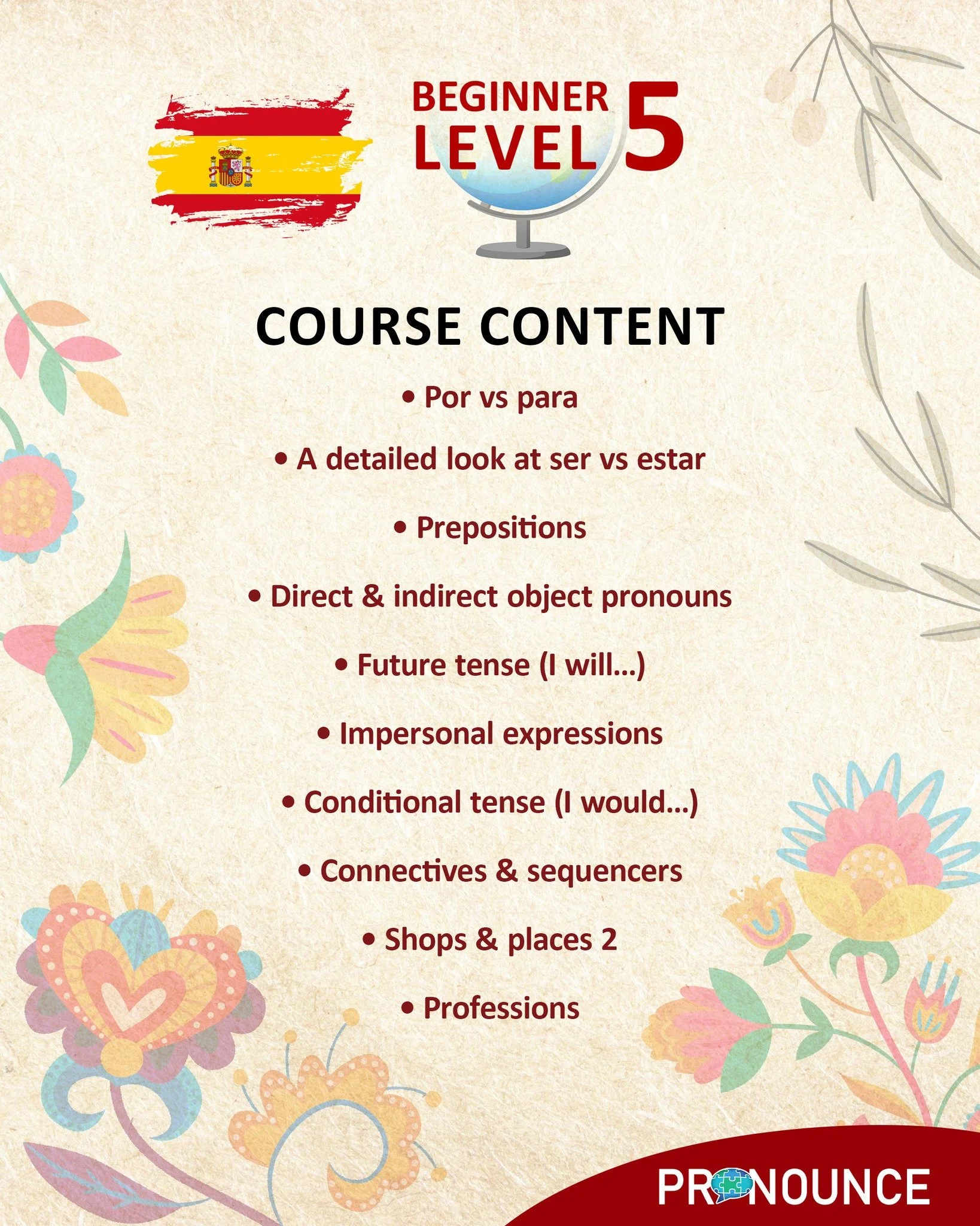 🇪🇸 Level 5 Spanish &ndash; Speak with Confidence and Precision 🇪🇸

At this stage, the goal is to refine your Spanish and express yourself with clarity, accuracy, and ease. 💬✨

In this course, you will:

Master a wide range of tenses and structur