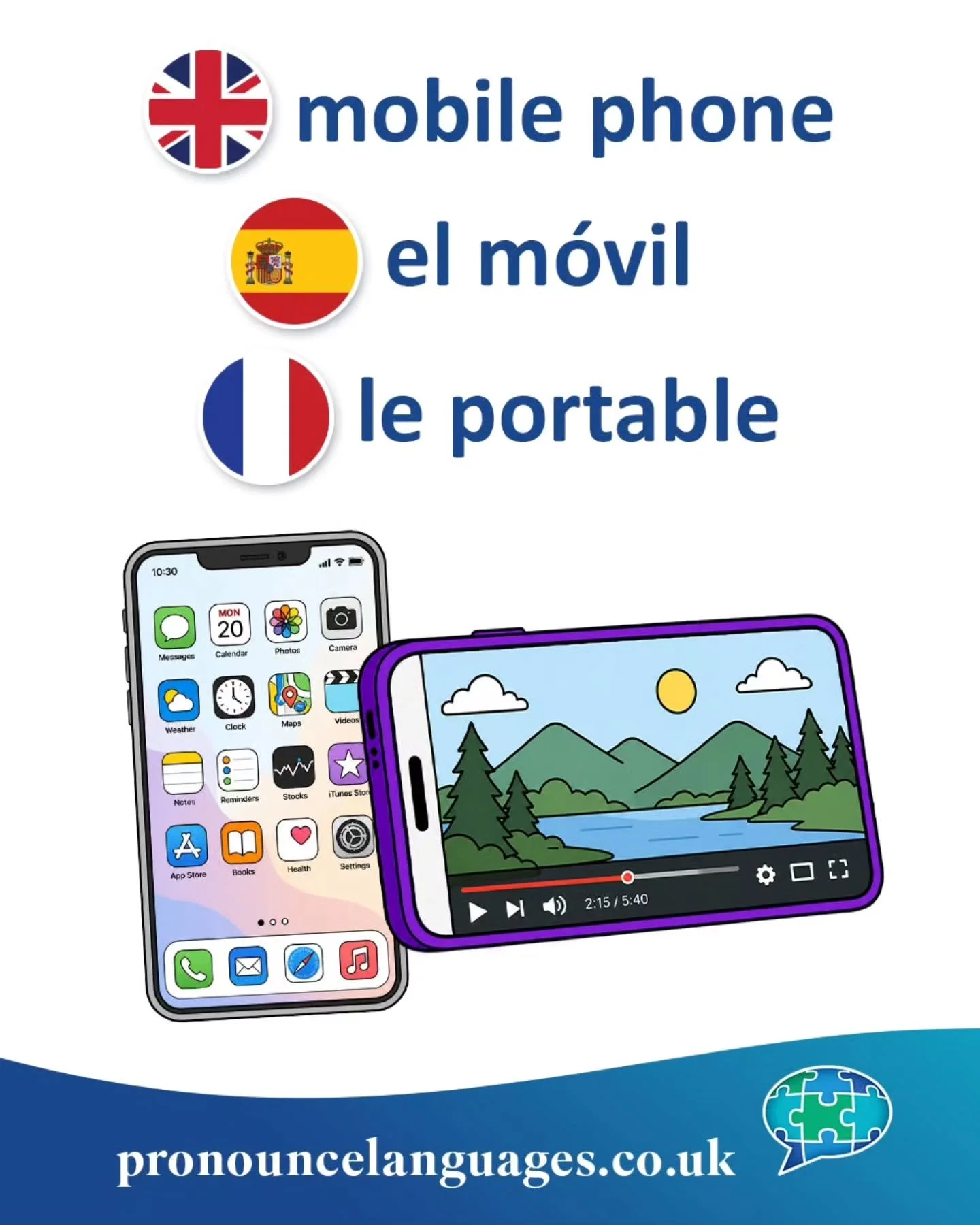 Word of the Day 📱

🇬🇧 Mobile phone combines mobile (from Latin mobilis, &ldquo;movable&rdquo;) + phone (from Greek phōnē, &ldquo;voice, sound&rdquo;). The term literally means &ldquo;a movable device for sound/voice.&rdquo;

🇪🇸 El m&oacute;vil c