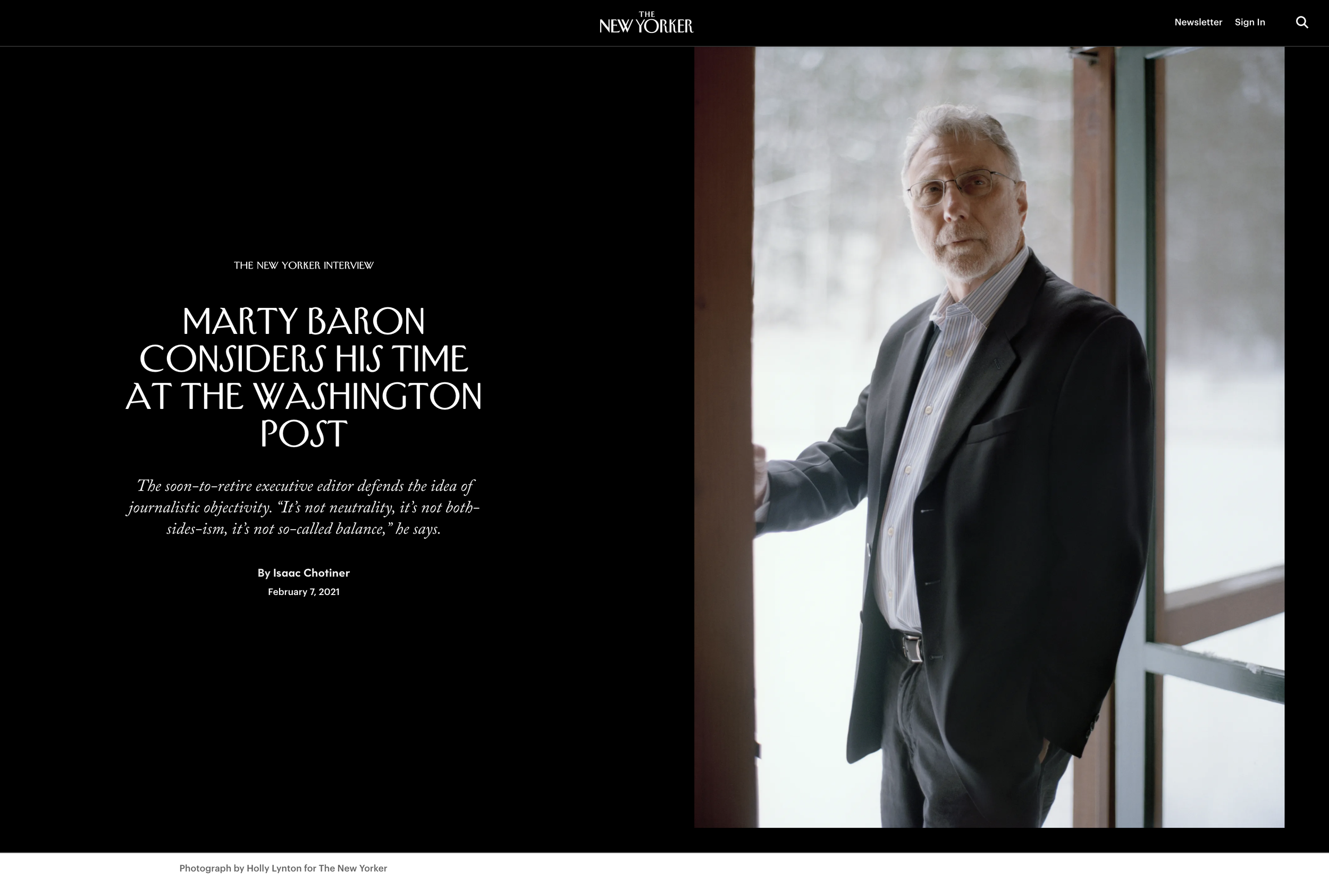  "Marty Baron Considers His Time at the Washington Post,"  The New Yorker , February 2021 