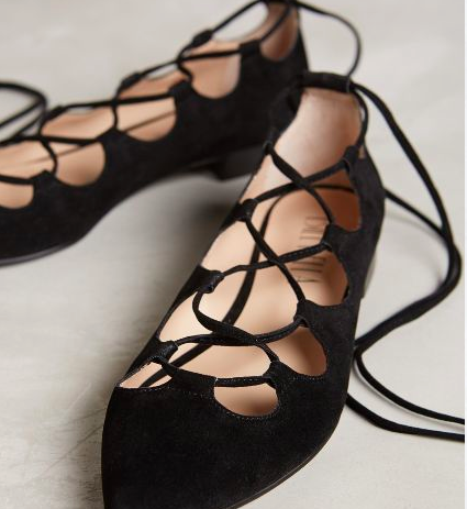 Anthropologie lace up black suede flats
