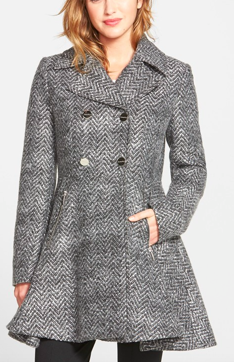 Laundry by Shelli Segal Chevron Twill Double Breasted Skirted Coat