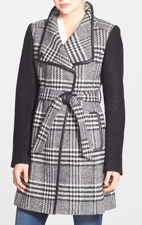 GUESS Bouclé Sleeve Plaid Wrap Coat