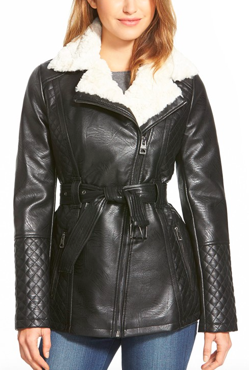 GUESS Belted Asymmetrical Faux Leather Coat with Faux Shearling Trim