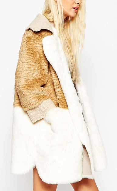 ASOS Coat in Patchwork Faux Fur & Faux Shearling