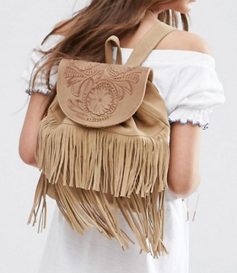 ASOS Suede Fringe Backpack With Embossed Flap