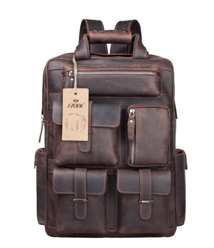 S-ZONE Vintage Crazy Horse Genuine Leather Backpack