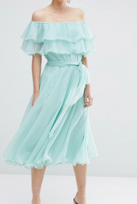 ASOS Bardot Off The Shoulder Multi Ruffle Midi Prom Dress