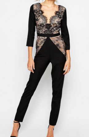 Little Mistress Tall Plunge Front Jumpsuit With Lace Detail