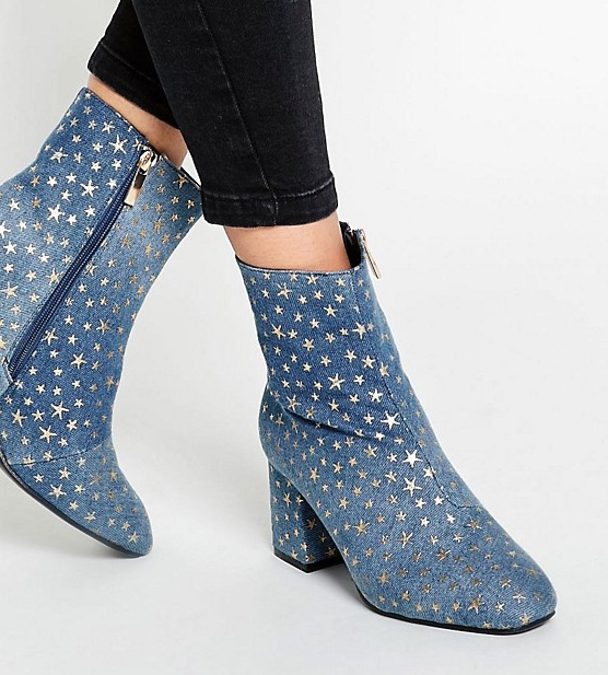 Daisy Street Star Print Denim Heeled Ankle Boots