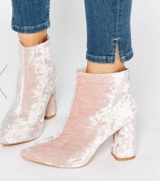 Daisy Street Pink Crushed Velvet Point Heeled Ankle Boots