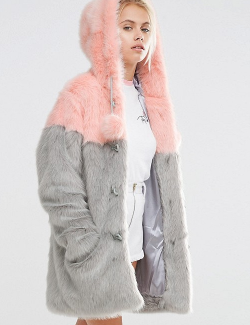 Lazy Oaf Faux Fur Duffle Coat With Pastel Panels And Pom Poms