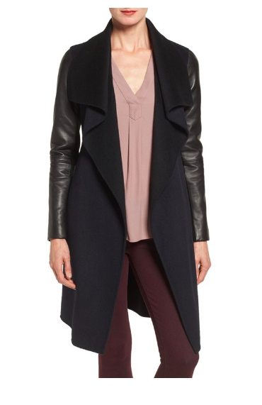 Leather Sleeve Double Face Wool Blend Wrap Coat MACKAGE