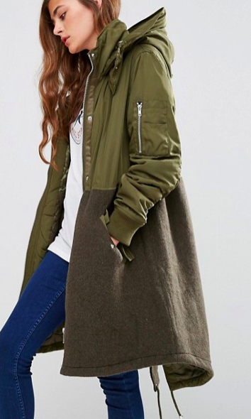 ASOS Parka in Mixed Fabric with Quilting