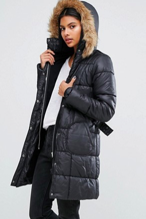 Vila Belted Faux Fur Trim Padded Coat
